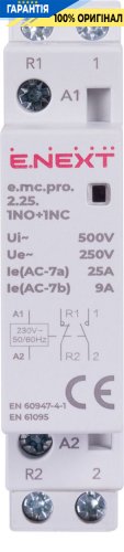 Модульний контактор E.NEXT e.mc.pro.2.25.1NO+1NC, 2 полюси, 25А, 1NO+1NC, 220В, p005220