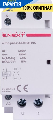 Модульный контактор E.NEXT e.mc.pro.2.40.1NO+1NC, 2 полюса, 40А, 1NO+1NC, 220В, p005226