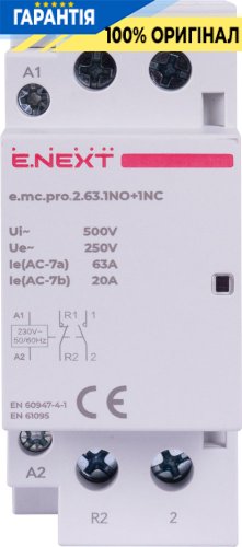 Модульний контактор E.NEXT e.mc.pro.2.63.1NO+1NC, 2 полюси, 63А, 1NO+1NC, 220В, p005228