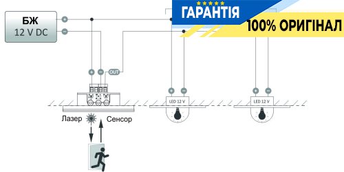 Лазерний датчик руху F&F DRL-60-230-9, вбудовуваний d=60 мм, 230VAC/8А, IP30, чорний, 80×80×6,5 мм