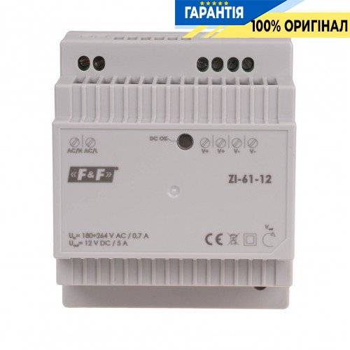 Імпульсний блок живлення F&F ZI-61-12V, 12V DC 5A, DIN 80-264V AC, 60W