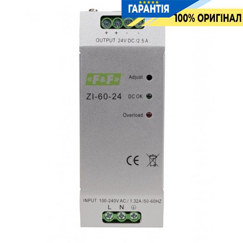Імпульсний блок живлення ZI-60-24 F&F DIN 90-264В AC / 120-370В DC 24В 2.5А 60Вт