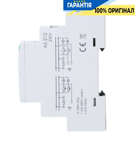 Реле лестничное F&F AS-212, 1 модуль, DIN-рейка, 1НВ, 230В/16А, задержка 0,5-10 мин