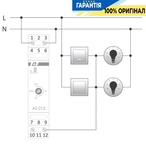 Реле лестничное F&F AS-212, 1 модуль, DIN-рейка, 1НВ, 230В/16А, задержка 0,5-10 мин