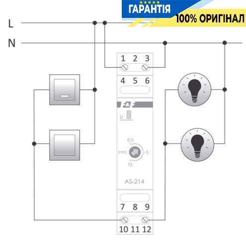 Реле сходове F&F AS-214, 1 модуль, DIN-рейка, 1НО 24V AC/DC 16А, затримка 0,5-10 хв