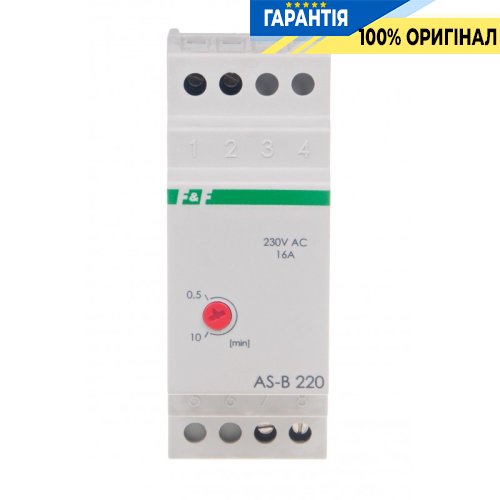 Реле сходове F&F AS-B220, 2 модулі, DIN-рейка, 1НО, 230В/16А, затримка 0,5-10 хв