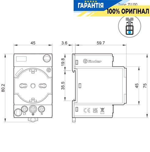 Розетка на дин-рейку Schuko Finder 7U.00.8.230.0012 жовта з зеленим світлодіодом