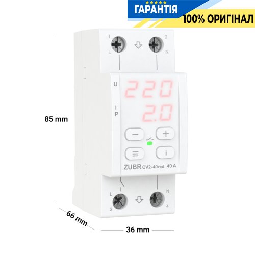 Реле напряжения ZUBR 1-фазное 40 А с контролем тока CV2-40 red